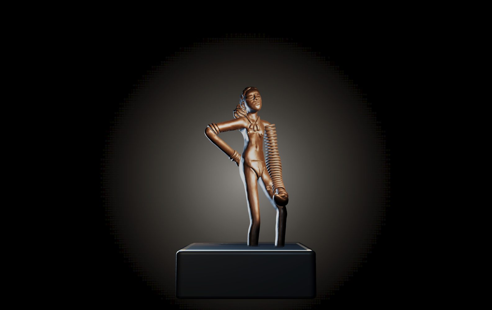 A bronze Dancing Girl of Mohenjo-daro replica, standing on a dark plinth, lit from above.